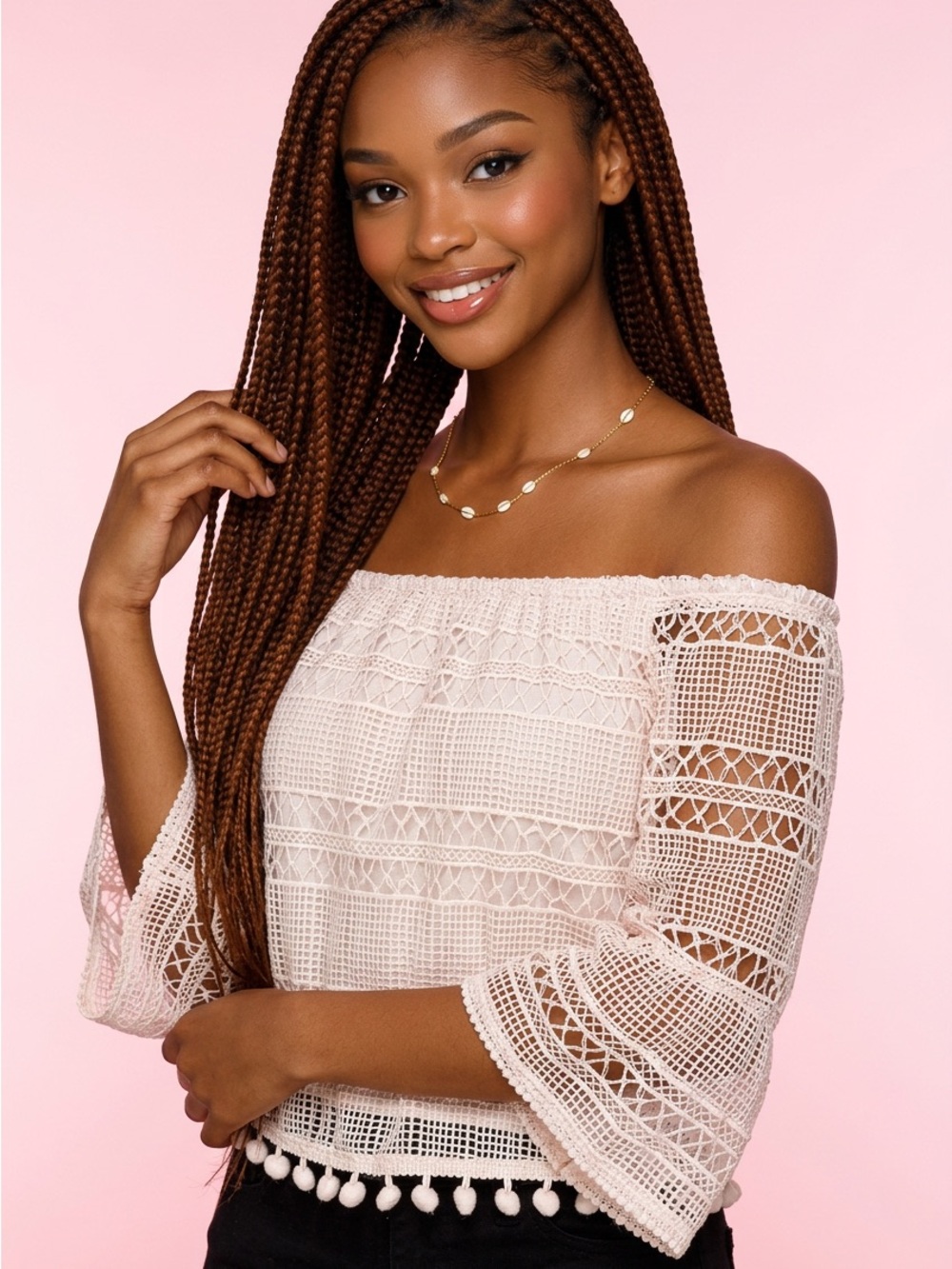 Tularosa White Cropped Off-Shoulder Bow Feminine BoHo Lace Crochet Top-S